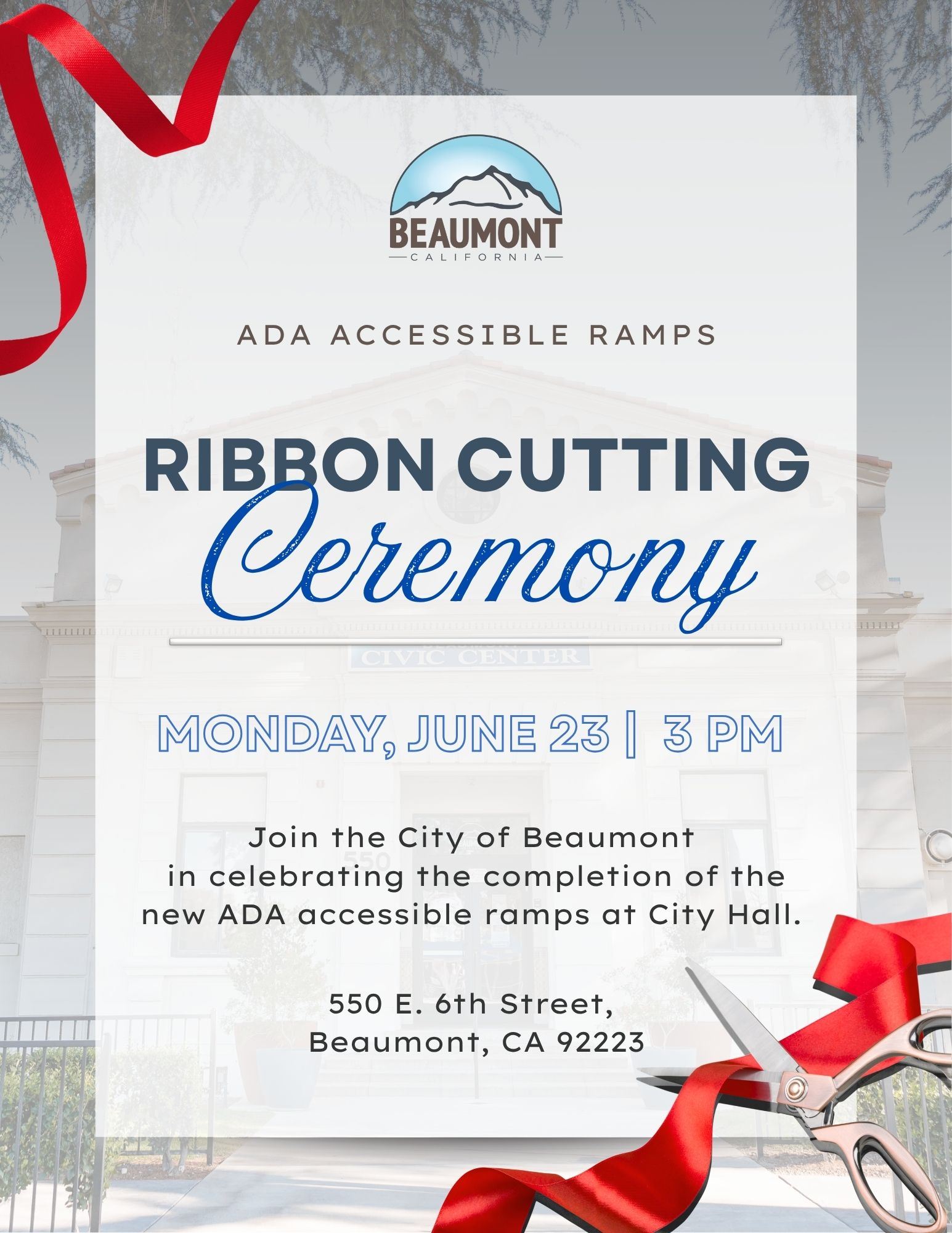 The ceremony will occur on Monday, June 23 at 3:00 p.m. at the Beaumont Civic Center. 