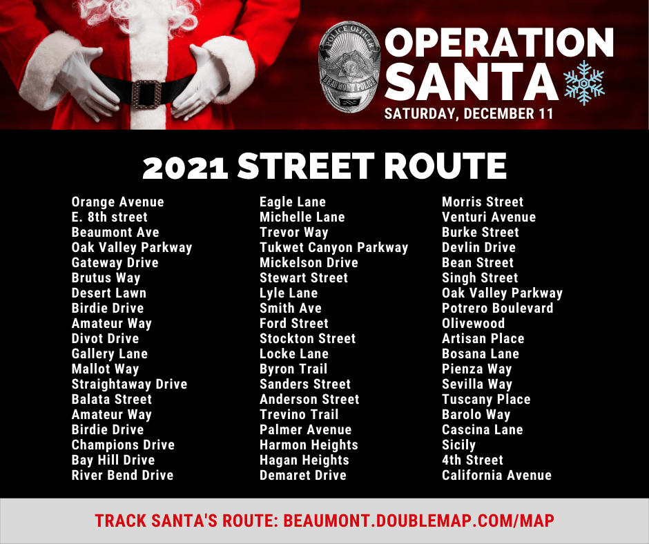 List of Streets for Operation Santa Route