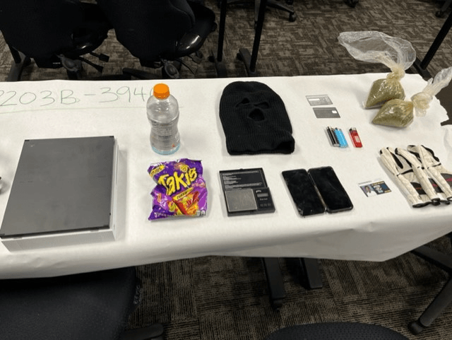 Arrest: Residential Burglary Photo of narcotics, mask and other items